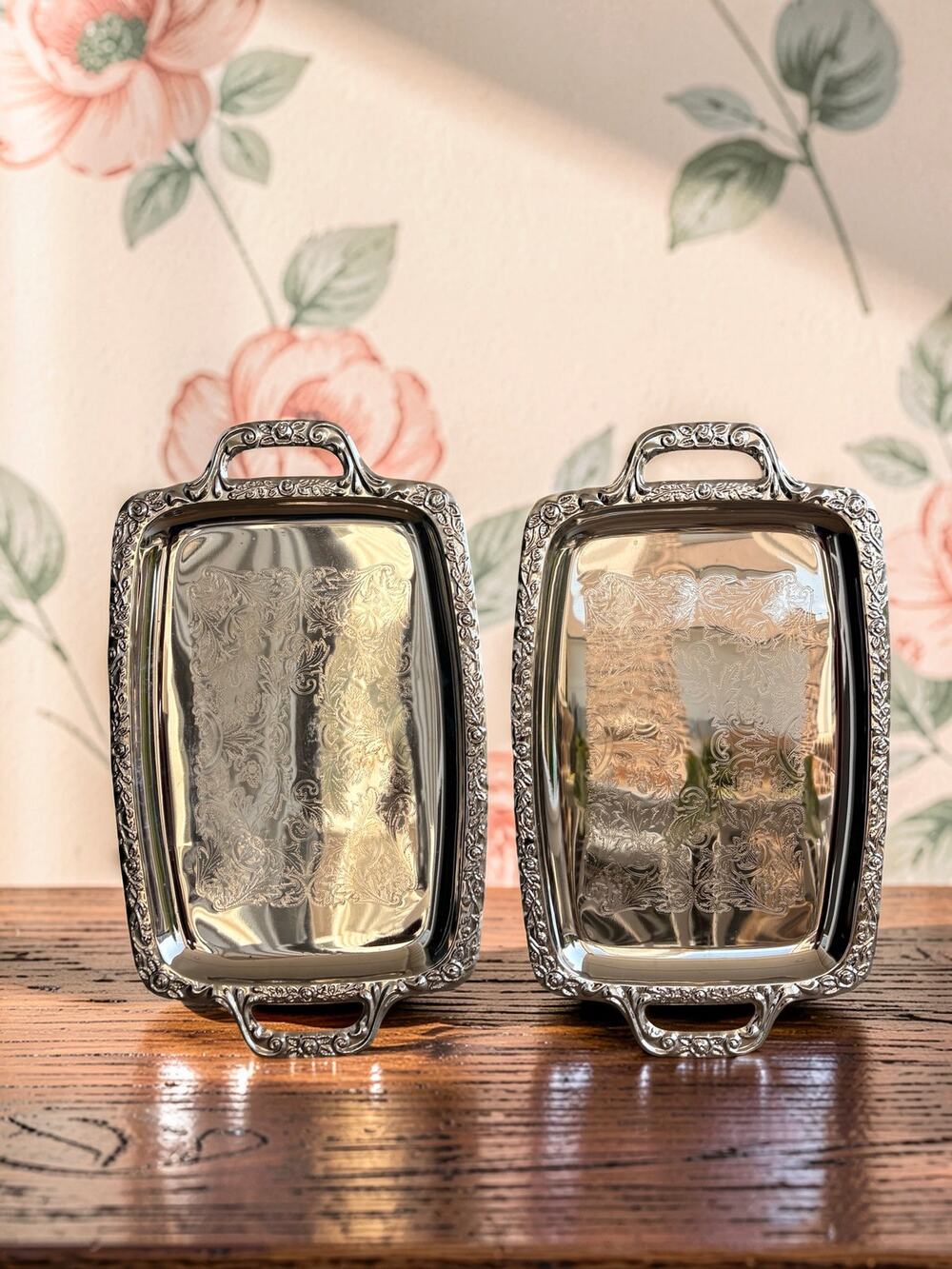 Set of 2 Ornate Silver Tone Serving Trays 17.5” Floral Etched Double Handles